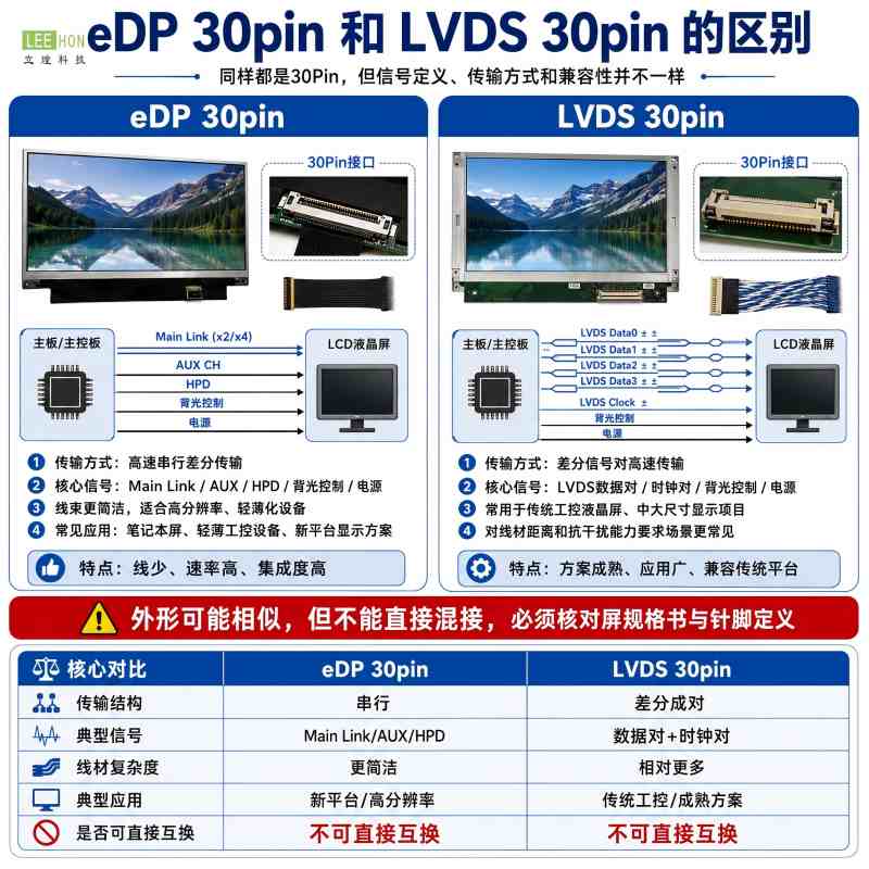 工业液晶屏的eDP 30pin和LVDS 30pin怎么分辨？不能只看针脚数量