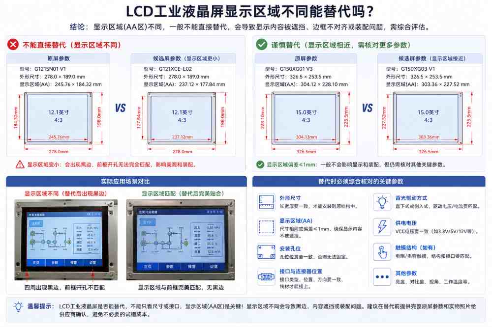 LCD工业液晶屏显示区域不同能替代吗？关键看前框开窗、触摸和结构
